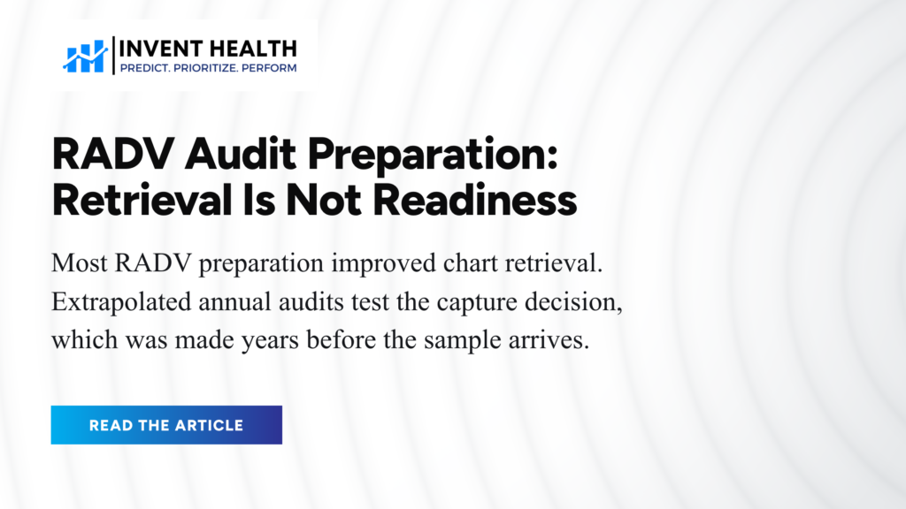 Invent Health article cover reading "RADV Audit Preparation: Retrieval Is Not Readiness"